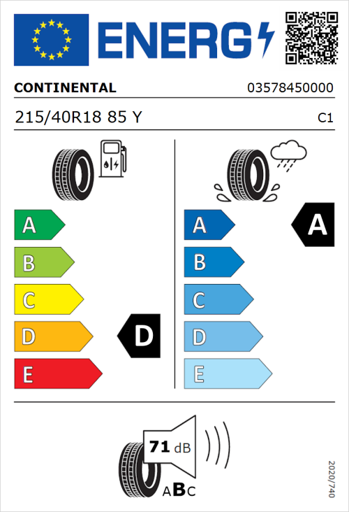 Tyre Label for Continental ContiSportContact 5 SSR 215/40R18 85Y