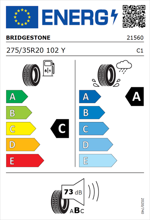 Tyre Label for Bridgestone Potenza Sport 275/35R20 102Y