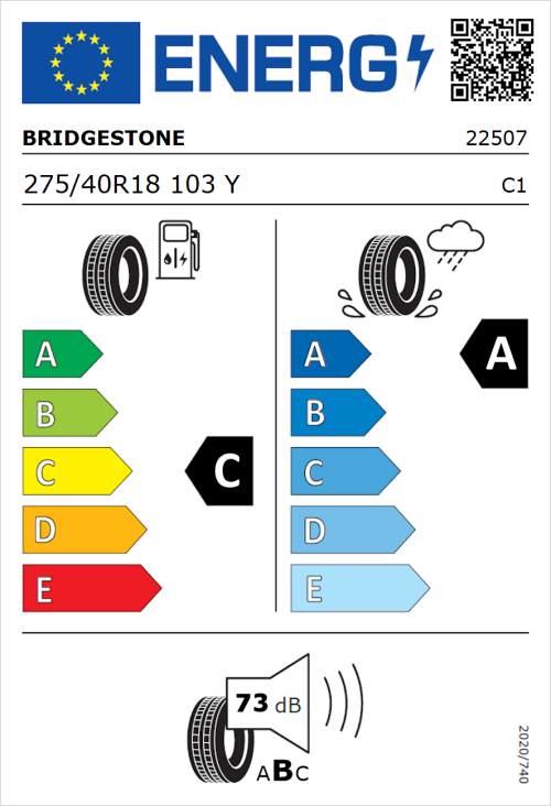 Tyre Label for Bridgestone Potenza Sport 275/40R18 103Y