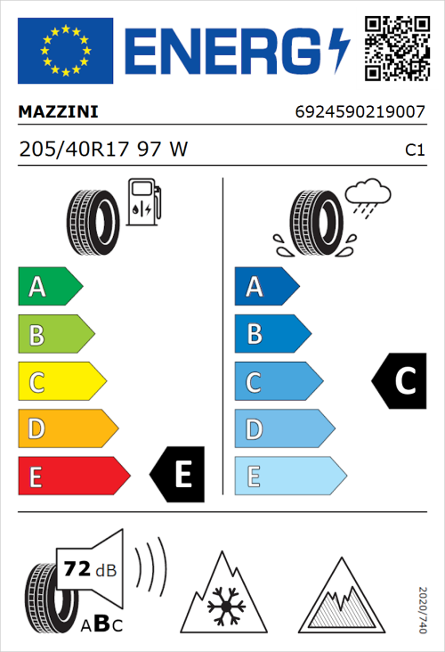 Tyre Label for Mazzini Versat-AS8 205/40R17 97W