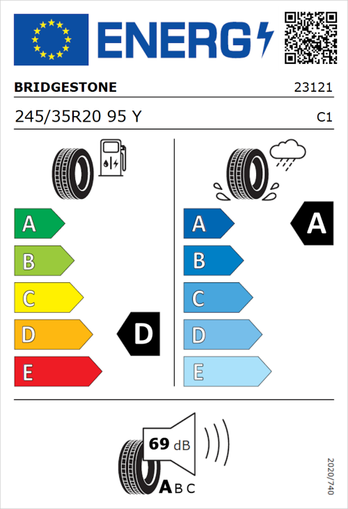 Tyre Label for Bridgestone Potenza Sport 245/35R20 95Y