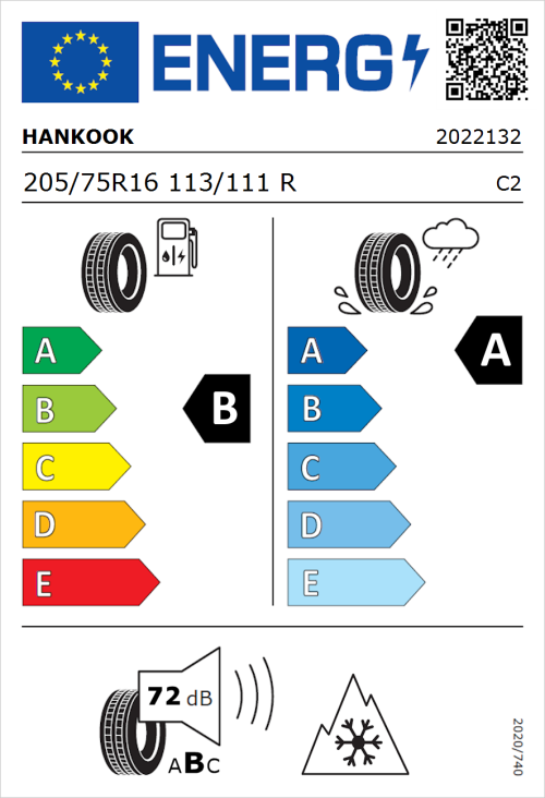 Tyre Label for Hankook Vantra Transit (RA58) 205/75R16 113/111R