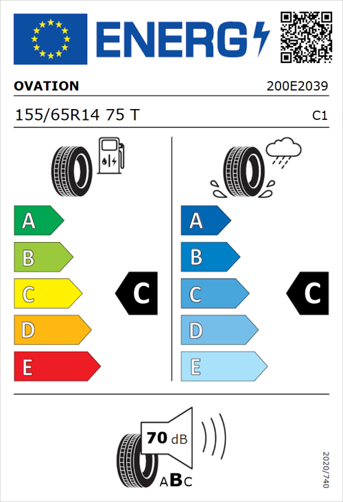Tyre Label for Ovation VI-682 Ecovision 155/65R14 75T