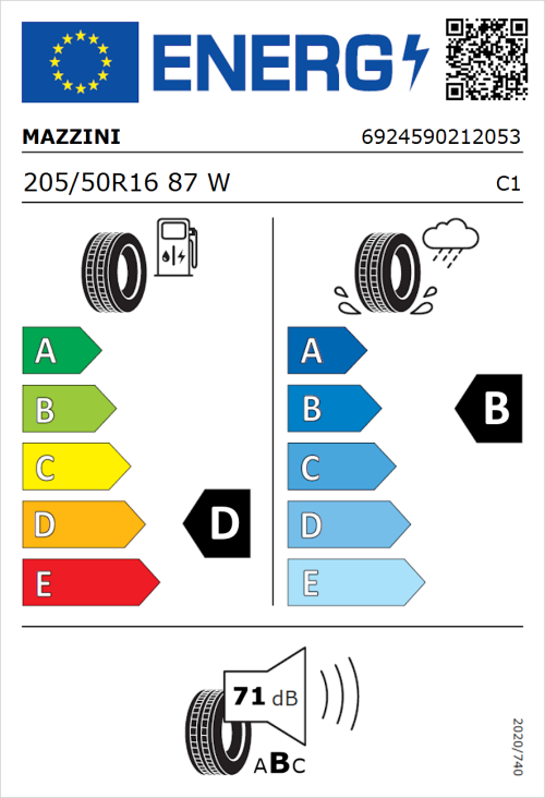 Tyre Label for Mazzini Eco 607 205/50R16 87W