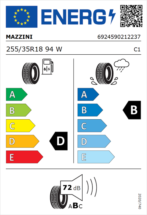 Tyre Label for Mazzini Eco 607 255/35R18 94W